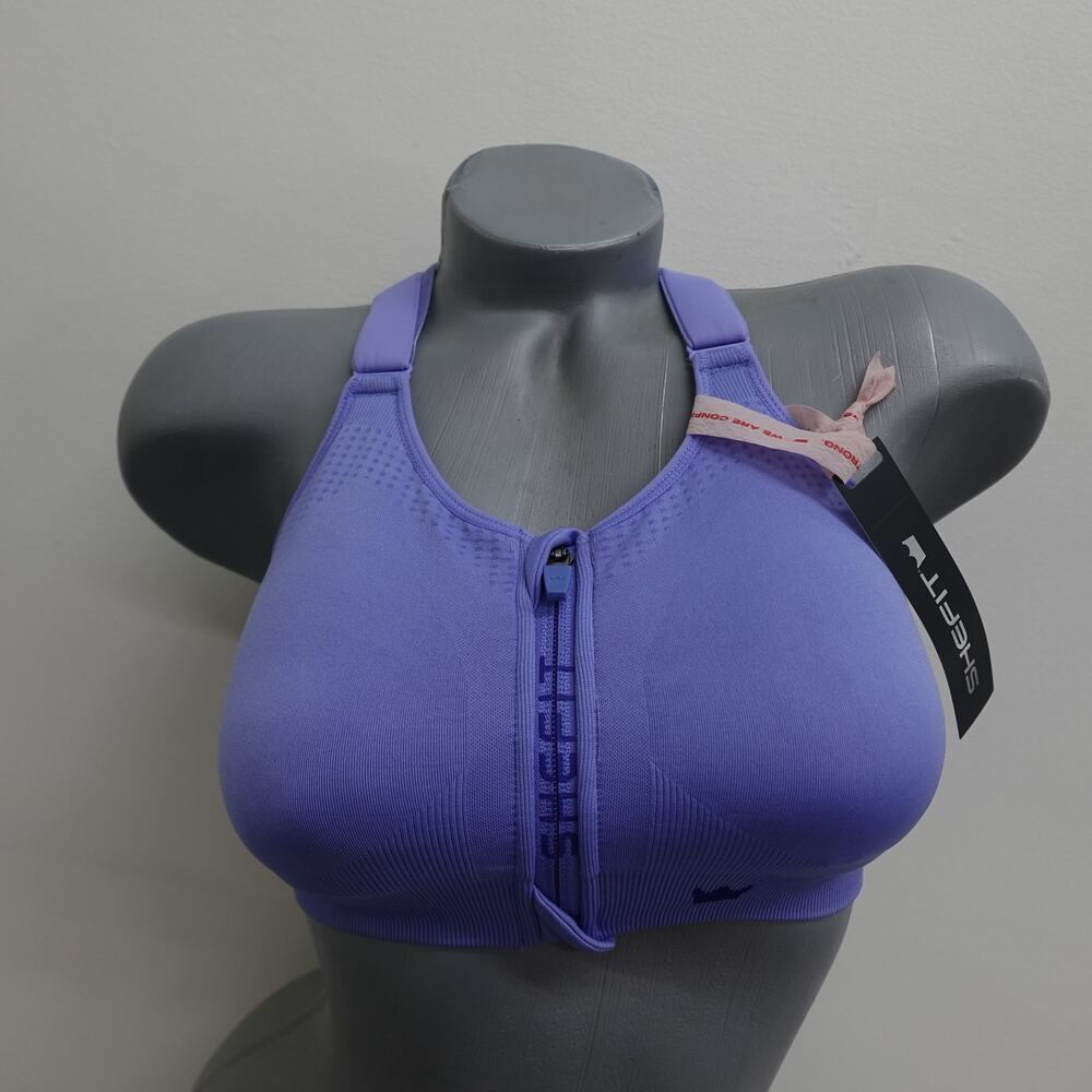 NWT SHEFIT 2Luxe Adjustable Sports Bra, Zip Front Low Impact No Wire Periwinkle